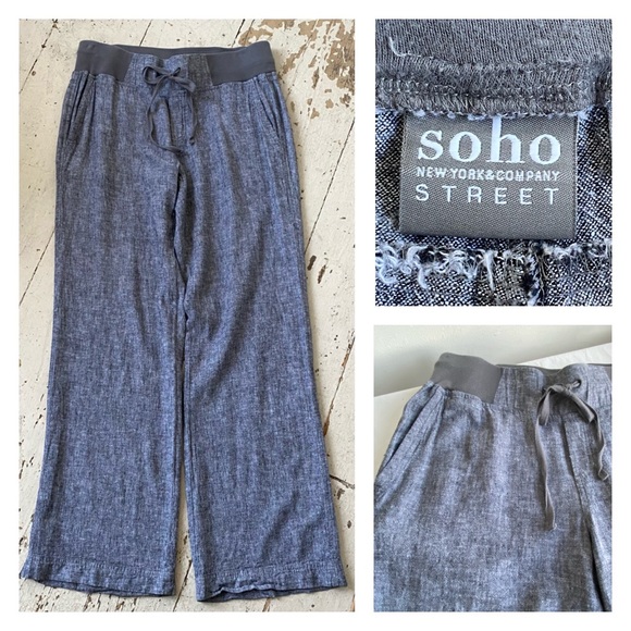 SoHo Grey Linen Blend Pull-On Draw String Wide Legs Pants - Picture 1 of 9